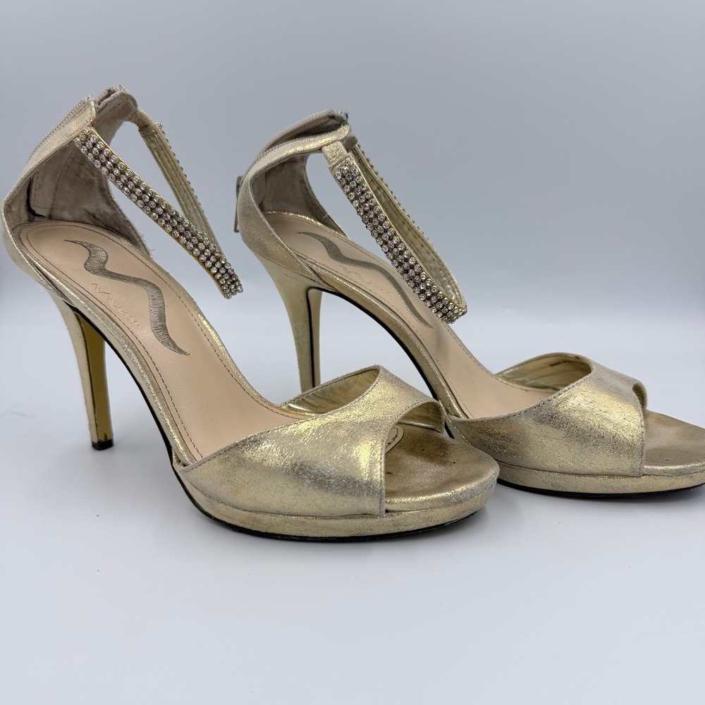 Nina Gold Rhinestone Ankle‎ Strap Heels Women's 7.5M Formal Evening Shoes
